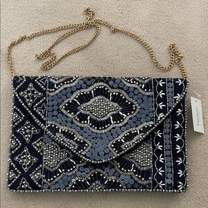 Francesca's Collections Navy and Silver Beaded Clutch with Gold Chain